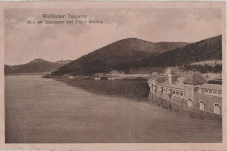 Waldeck - Waldecker Talsperre, Blick auf Sperrmauer - ca. 1935 Waldeck - Waldecker Talsperre, Blick auf Sperrmauer - ca. 1935
