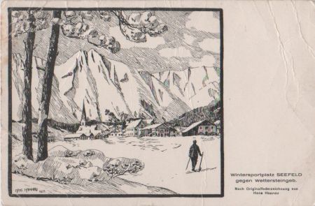 Seefeld - Zeichnung Wintersport gegen Wetterstein - 1941 Seefeld - Zeichnung Wintersport gegen Wetterstein - 1941
