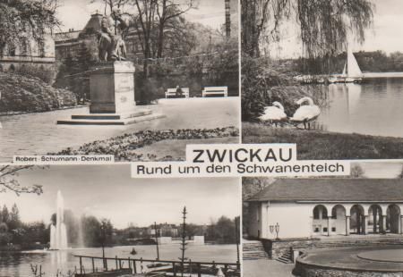 Zwickau - Robert-Schumann-Denkmal, Bootsanlegestelle, Schwanenteich, Freilichtbühne - 1974 Zwickau - Robert-Schumann-Denkmal, Bootsanlegestelle, Schwanenteich, Freilichtbühne - 1974